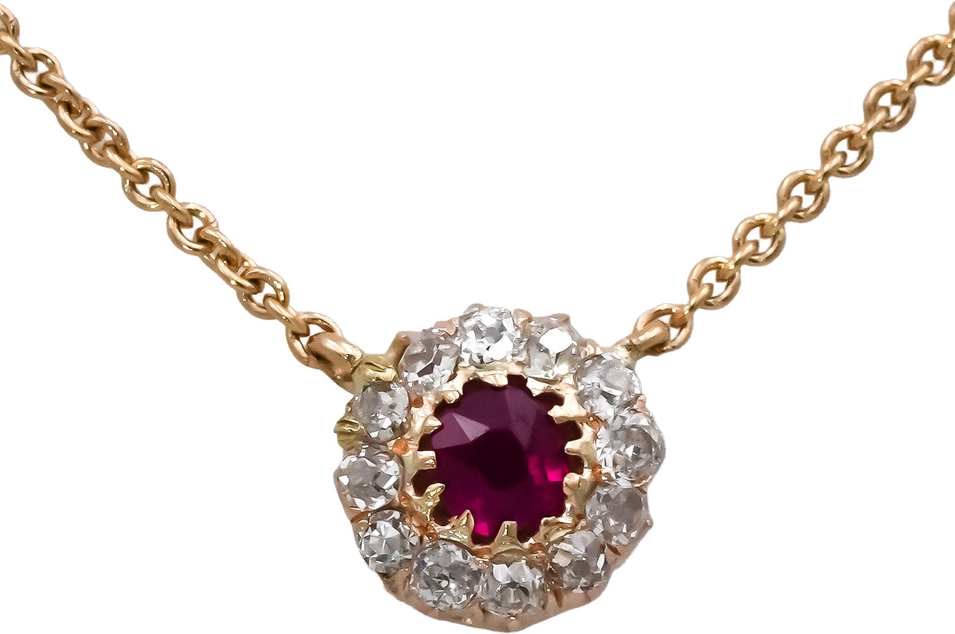 Vintage Antique 18k Yellow Gold Old Mine Diamond and Ruby Pendant Necklace .70CT