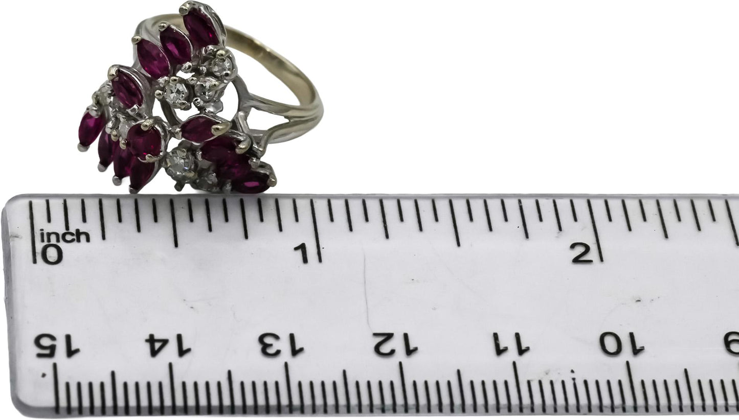 Vintage 14k White Gold VS Diamond Ruby Waterfall Cocktail Ring 1.0CT Size 5.5