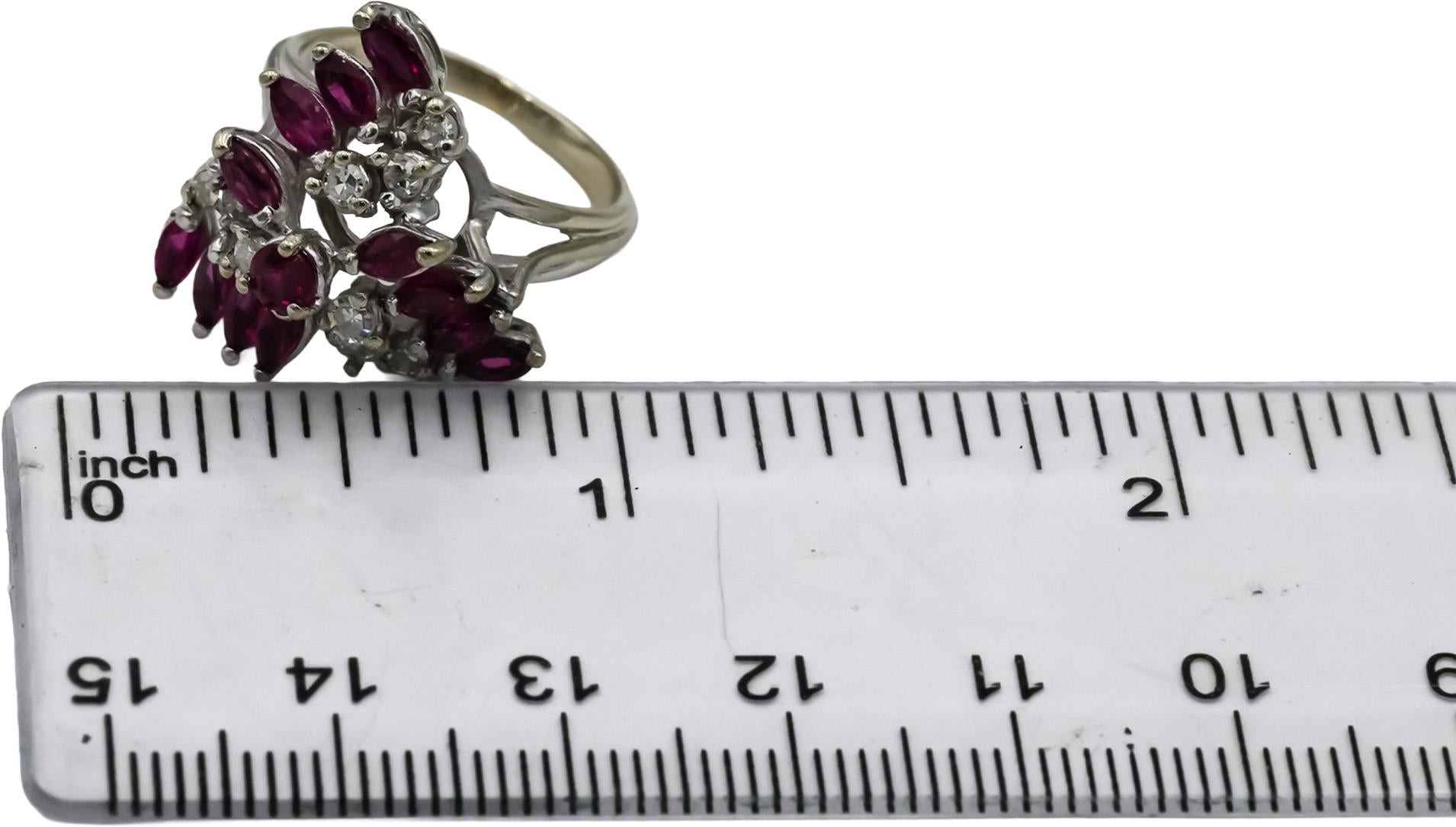 Vintage 14k White Gold VS Diamond Ruby Waterfall Cocktail Ring 1.0CT Size 5.5