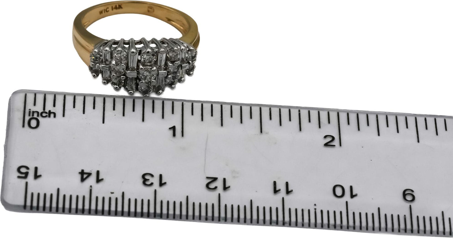 14k Yellow & White Gold Round and Baguette Diamond Cluster Ring 1.0CT Size 7.25