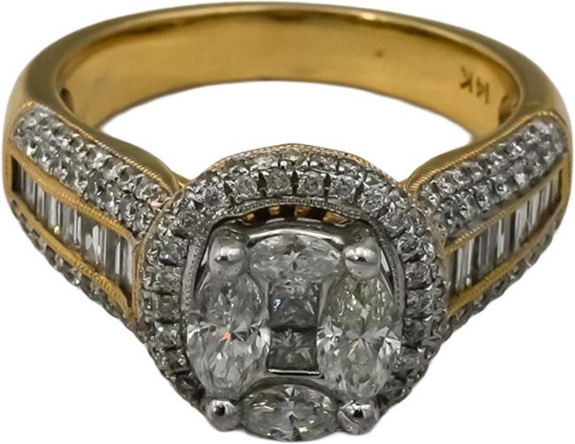14k Yellow Gold VS Oval Princess Round Diamond Cluster Ring 1.50CT Size 7.25
