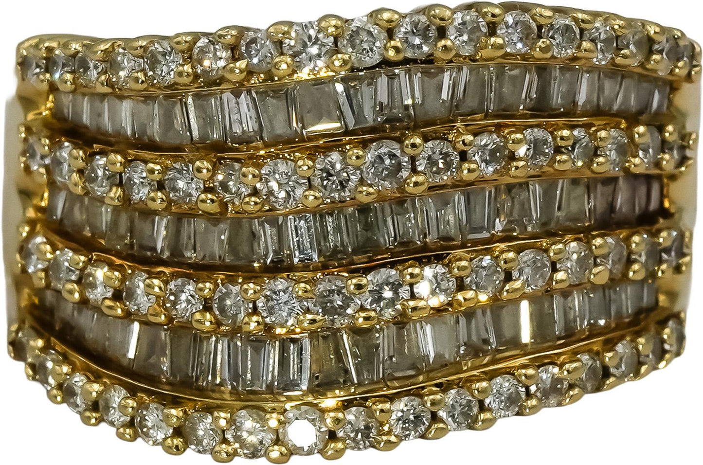 EFFY 14k Yellow Gold Round and Baguette Diamond Wavy Band Ring 1.0CT Size 5.75
