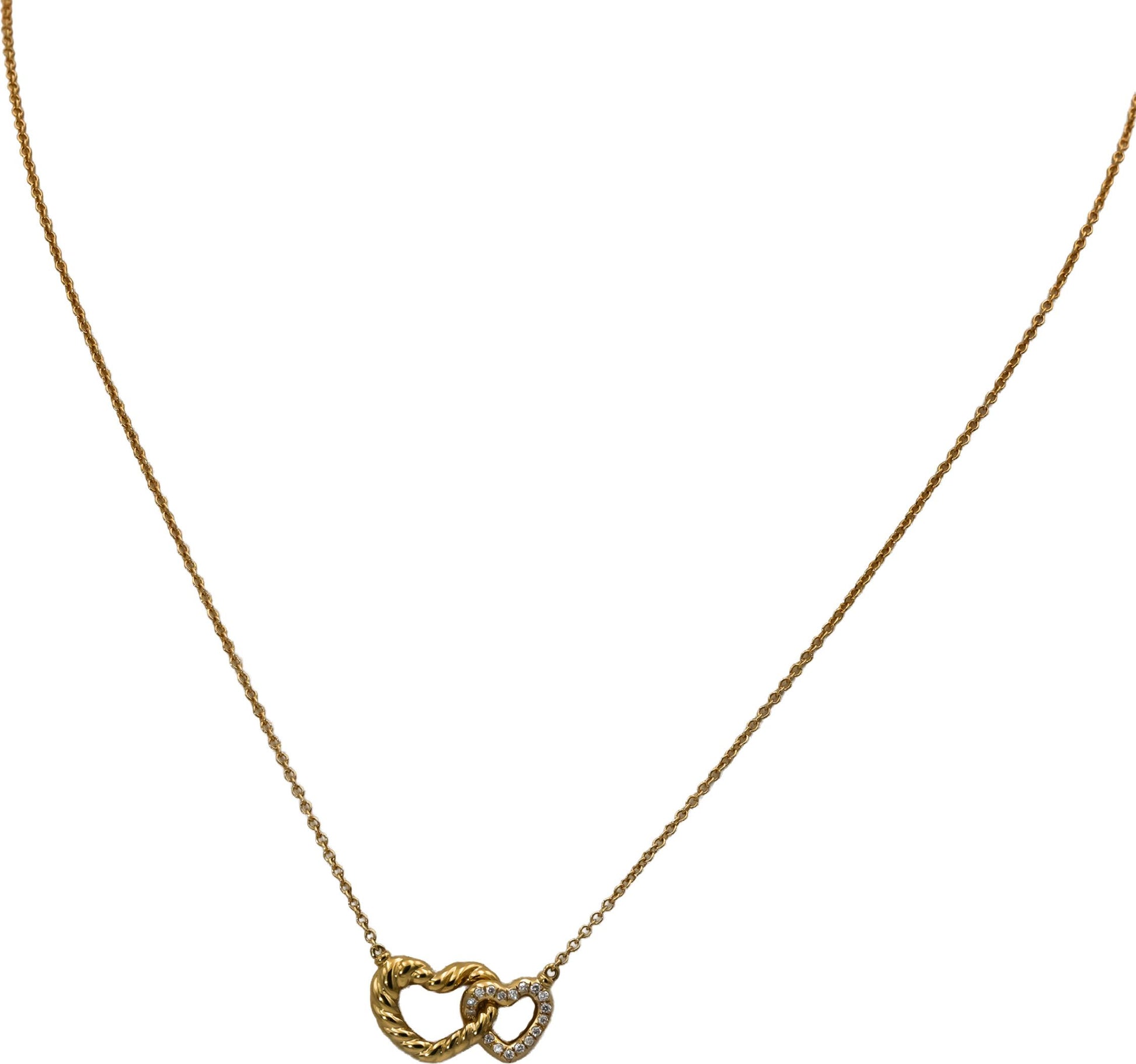 DAVID YURMAN 18k Yellow Gold VS Diamond Interlocking Hearts Necklace 0.09CT