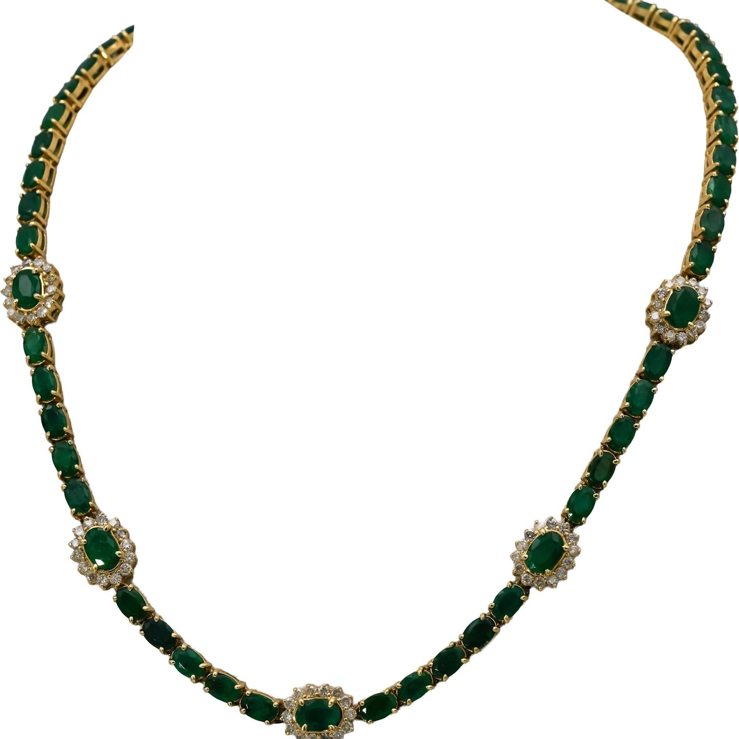 14k Yellow Gold Round Diamond and Oval Cut Emerald Formal Necklace 29.50CT