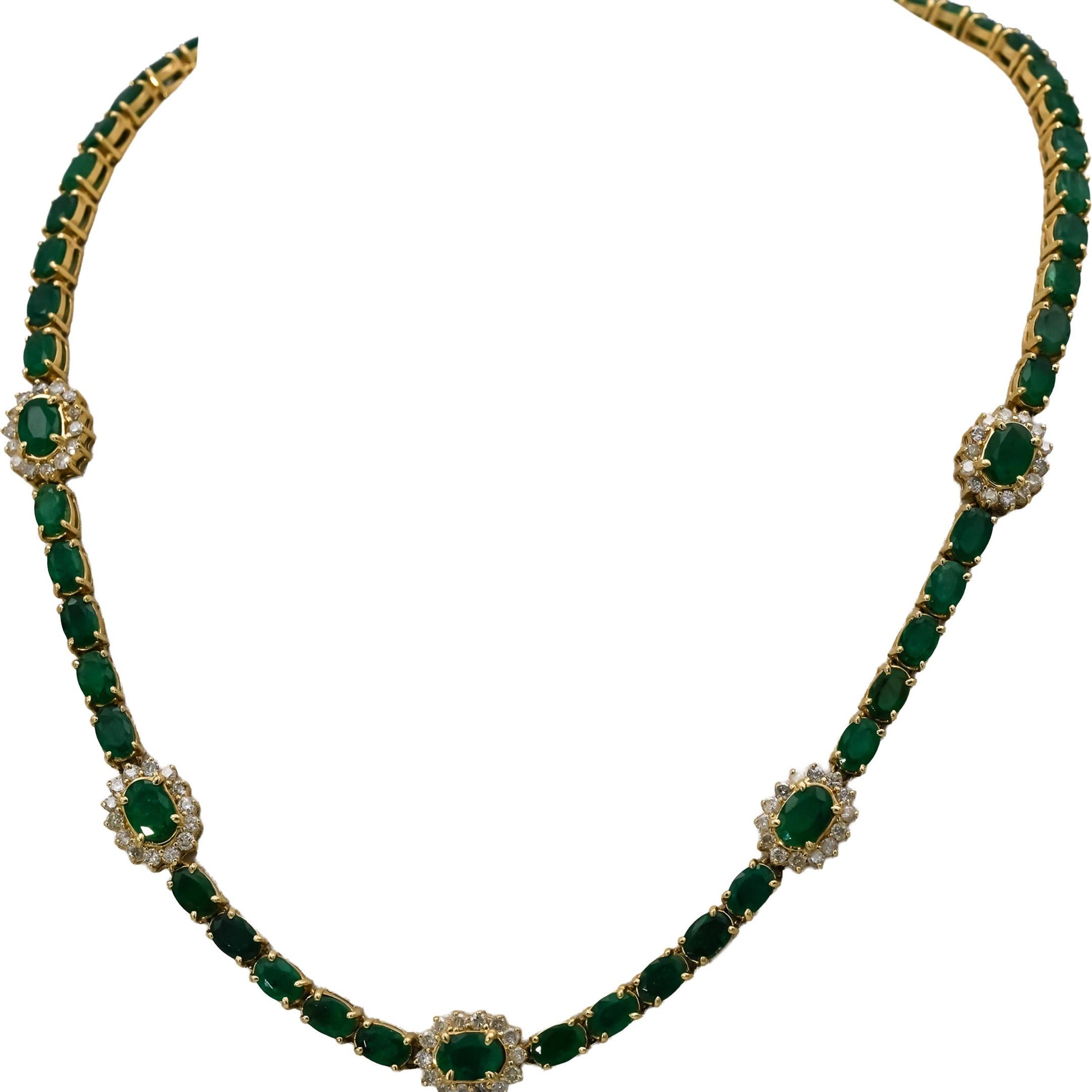 14k Yellow Gold Round Diamond and Oval Cut Emerald Formal Necklace 29.50CT