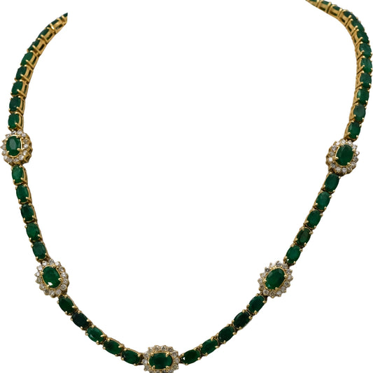 14k Yellow Gold Round Diamond and Oval Cut Emerald Formal Necklace 29.50CT