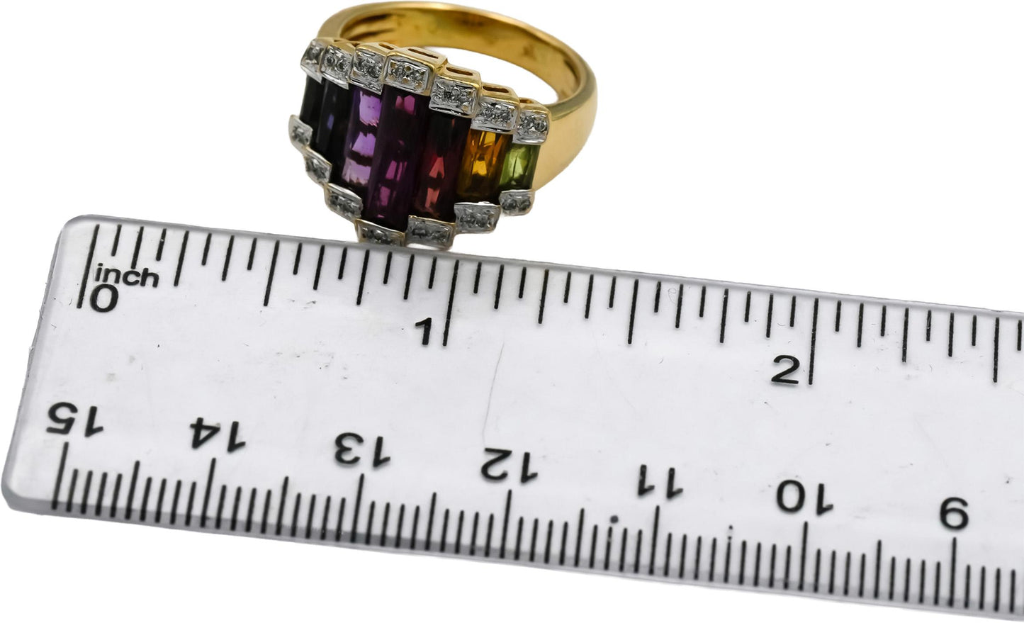 BELLARI 18k Yellow Gold Diamond and Rainbow Gemstone Cocktail Ring 0.07CT Size 7