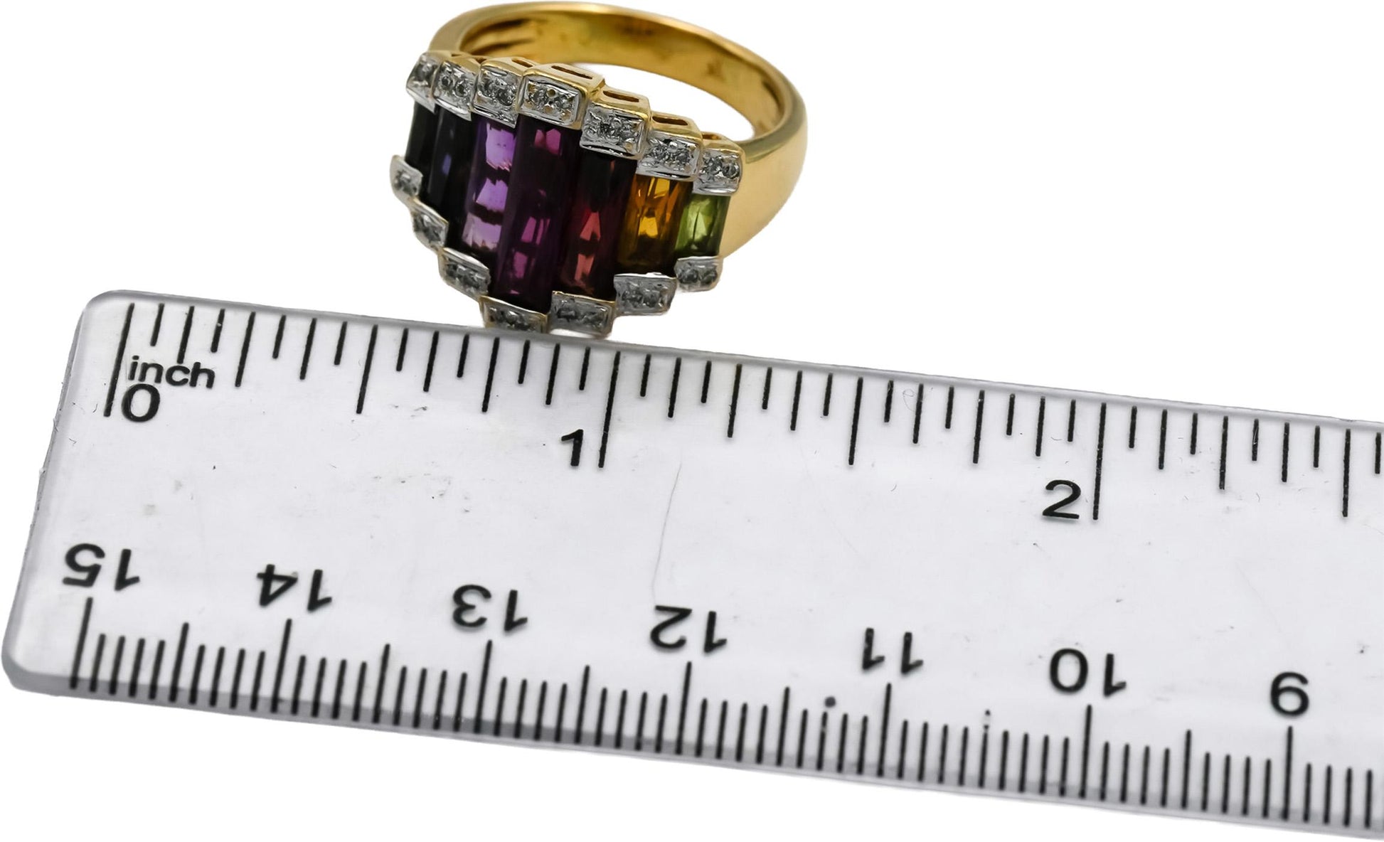 BELLARI 18k Yellow Gold Diamond and Rainbow Gemstone Cocktail Ring 0.07CT Size 7