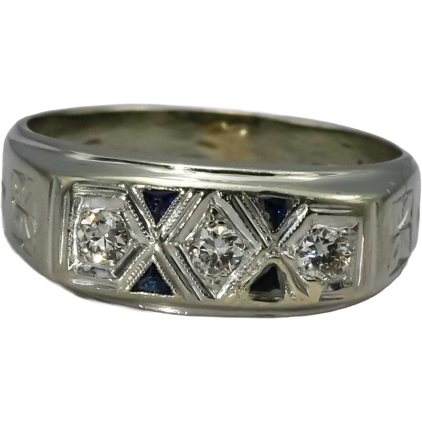 Vintage Antique 14k White Gold Diamond and Sapphire Band Ring 0.30CT Size 9.5