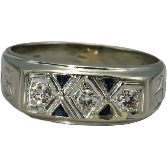 Vintage Antique 14k White Gold Diamond and Sapphire Band Ring 0.30CT Size 9.5