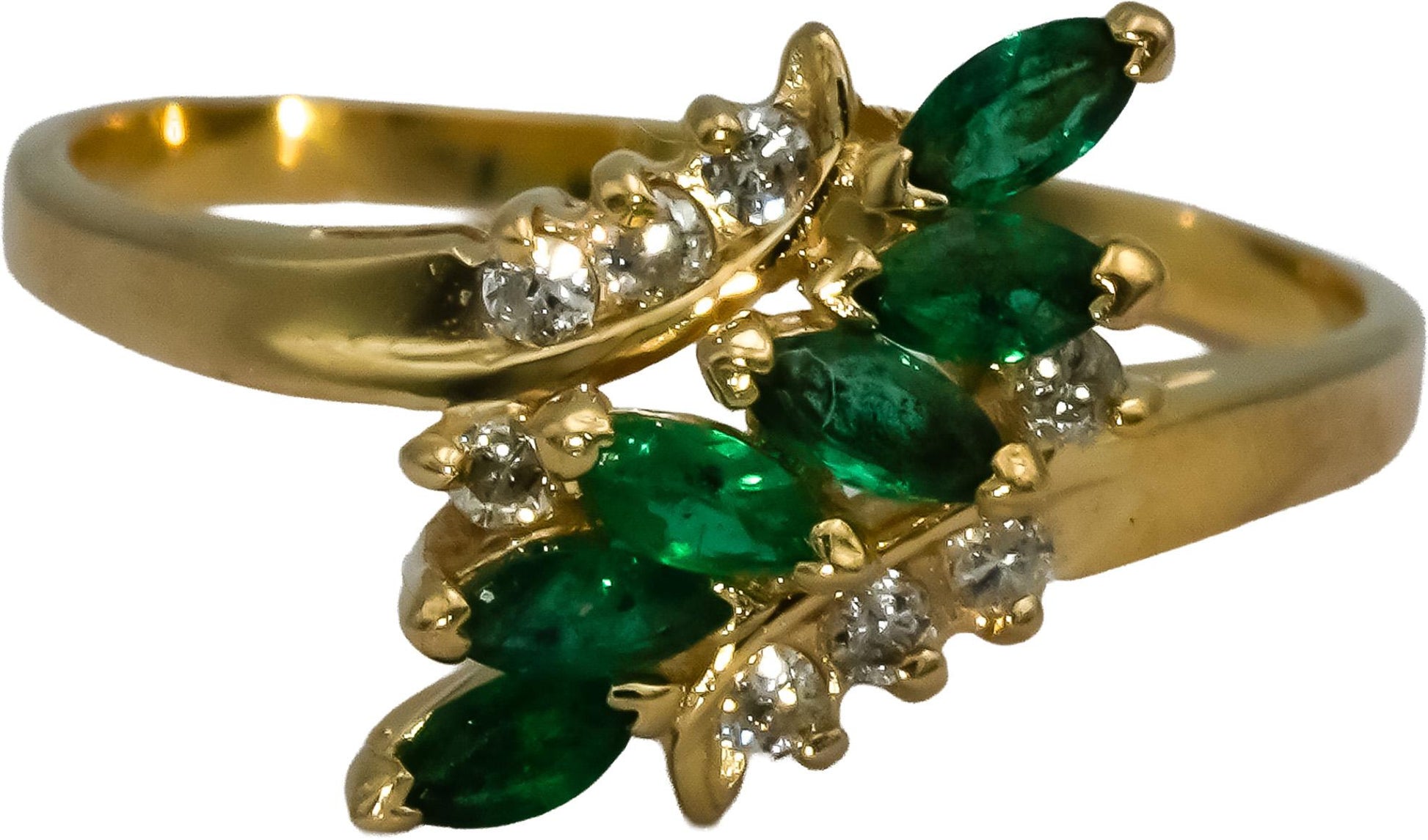 14k Yellow Gold Round Diamond & Marquise Emerald Cocktail Ring 0.45CT Size 7.75