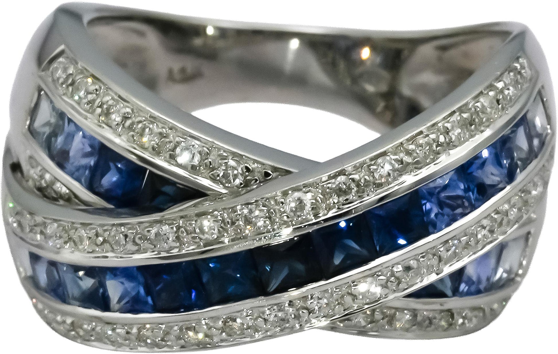 14k White Gold Diamond & Multi Color Blue Sapphire Crossover Ring 2.95CT Sz 6.75
