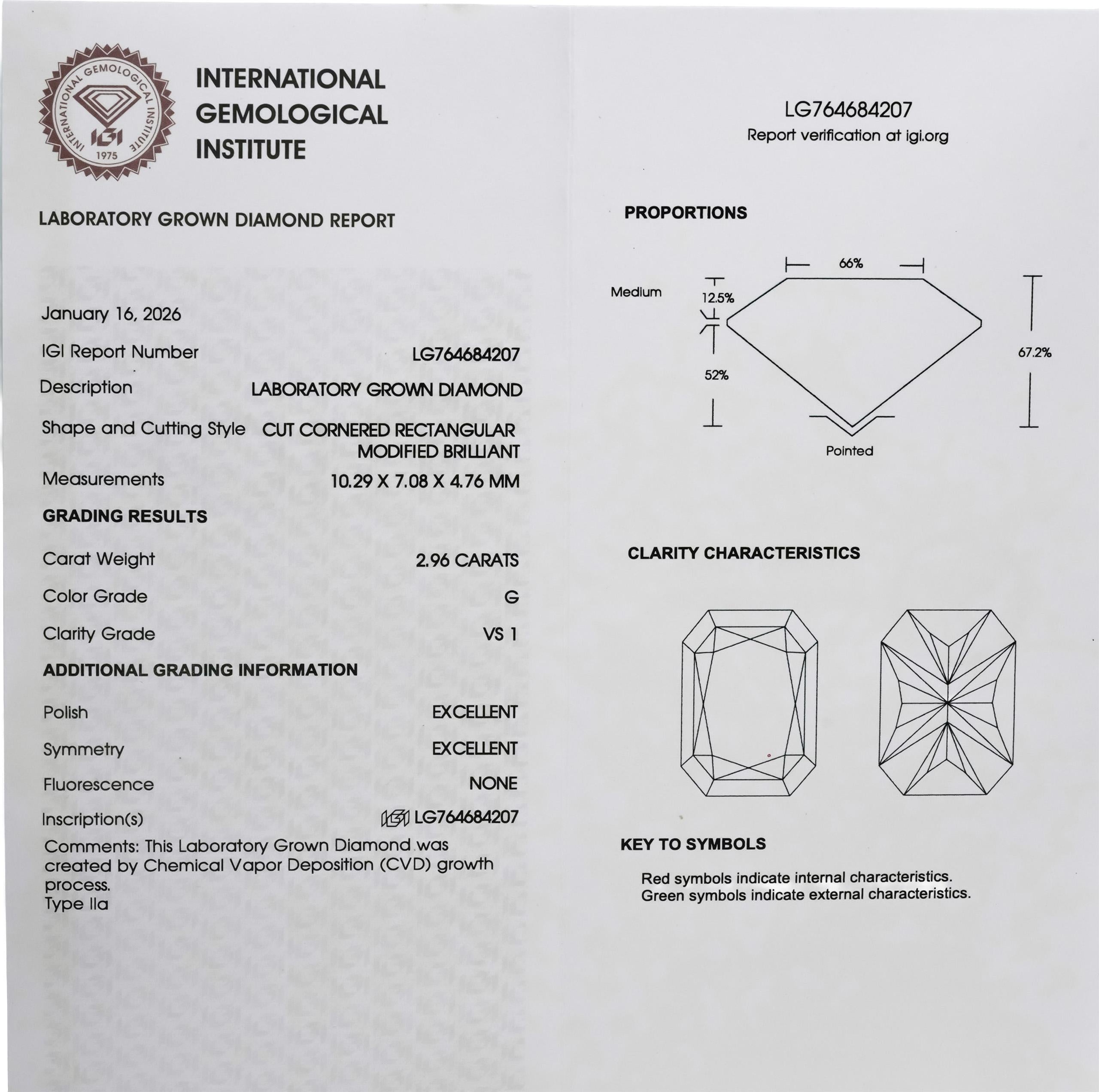 IGI 14k Yellow Gold VS1/G Radiant Lab-Grown Diamond Ring 2.96CT Size 5.75