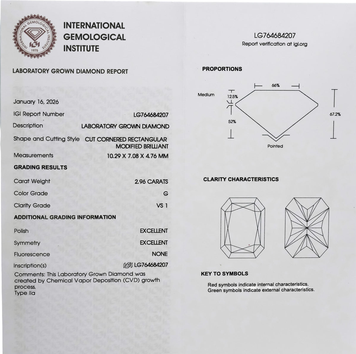IGI 14k Yellow Gold VS1/G Radiant Lab-Grown Diamond Ring 2.96CT Size 5.75