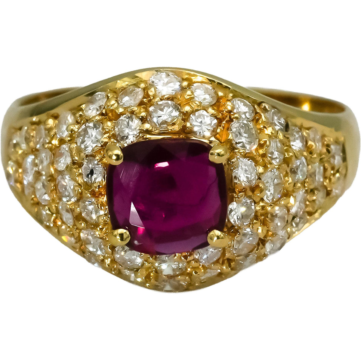 18k Yellow Gold VS Diamond and Ruby Cluster Cocktail Ring 1.35CT Size 6