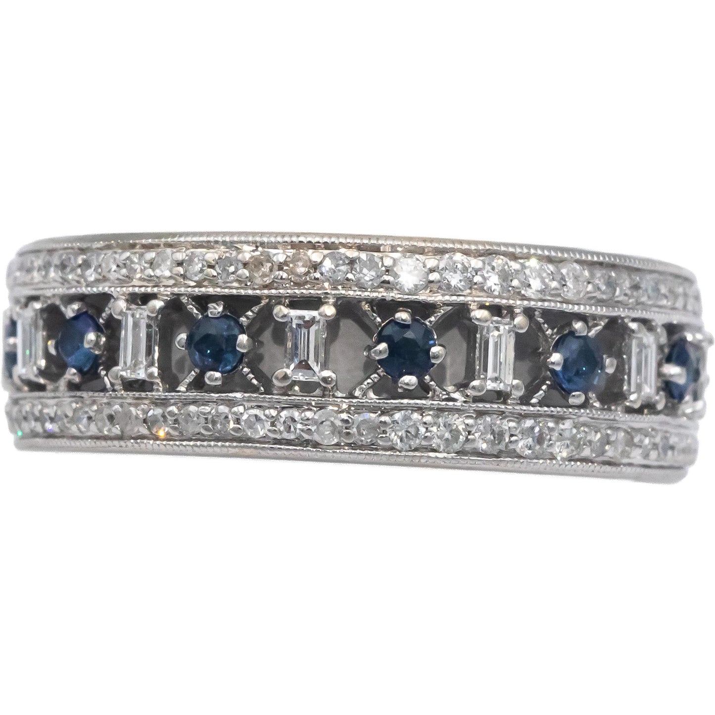 14k White Gold 0.70CT Diamond and Sapphire Band Ring Size 9