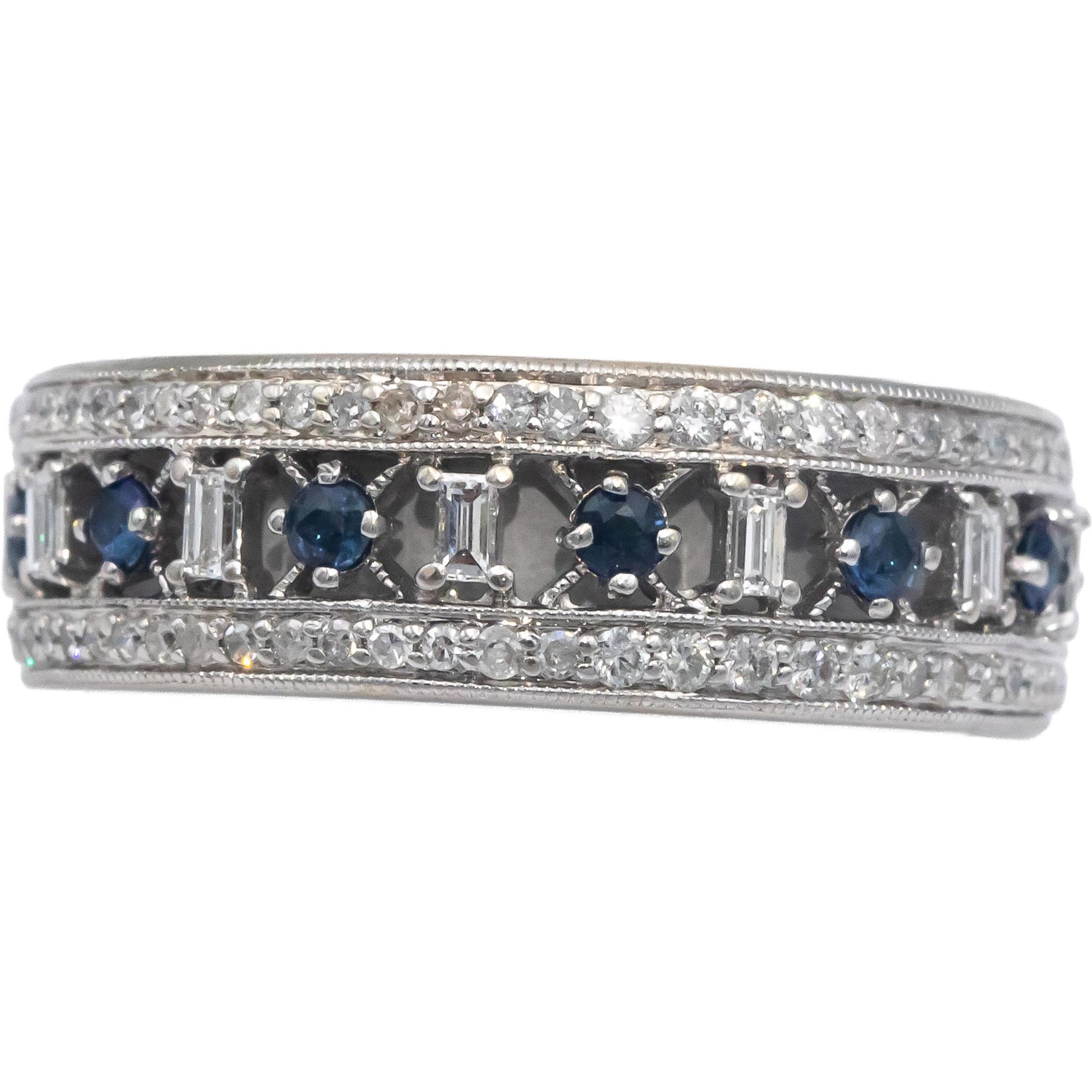 14k White Gold 0.70CT Diamond and Sapphire Band Ring Size 9