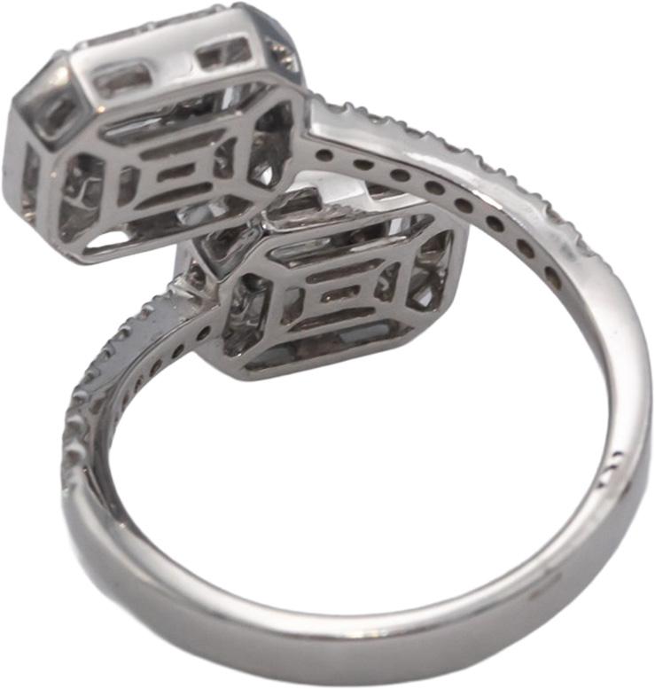 18k White Gold VS Round & Emerald Cut Diamond Bypass Ring 1.25CT Size 6.5