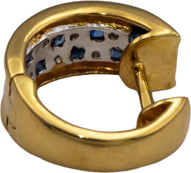 14k Yellow and White Gold Blue Sapphire and Diamond Hoop Huggie Earrings .35CTW