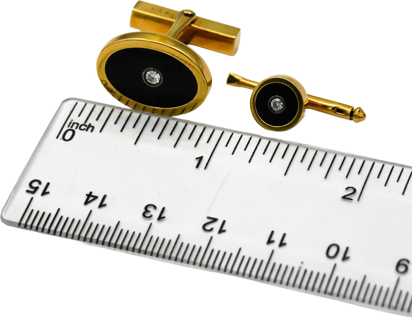 TIFFANY & CO. 18k Yellow Gold VS Diamond and Onyx Cufflinks and Stud Set 0.16CT