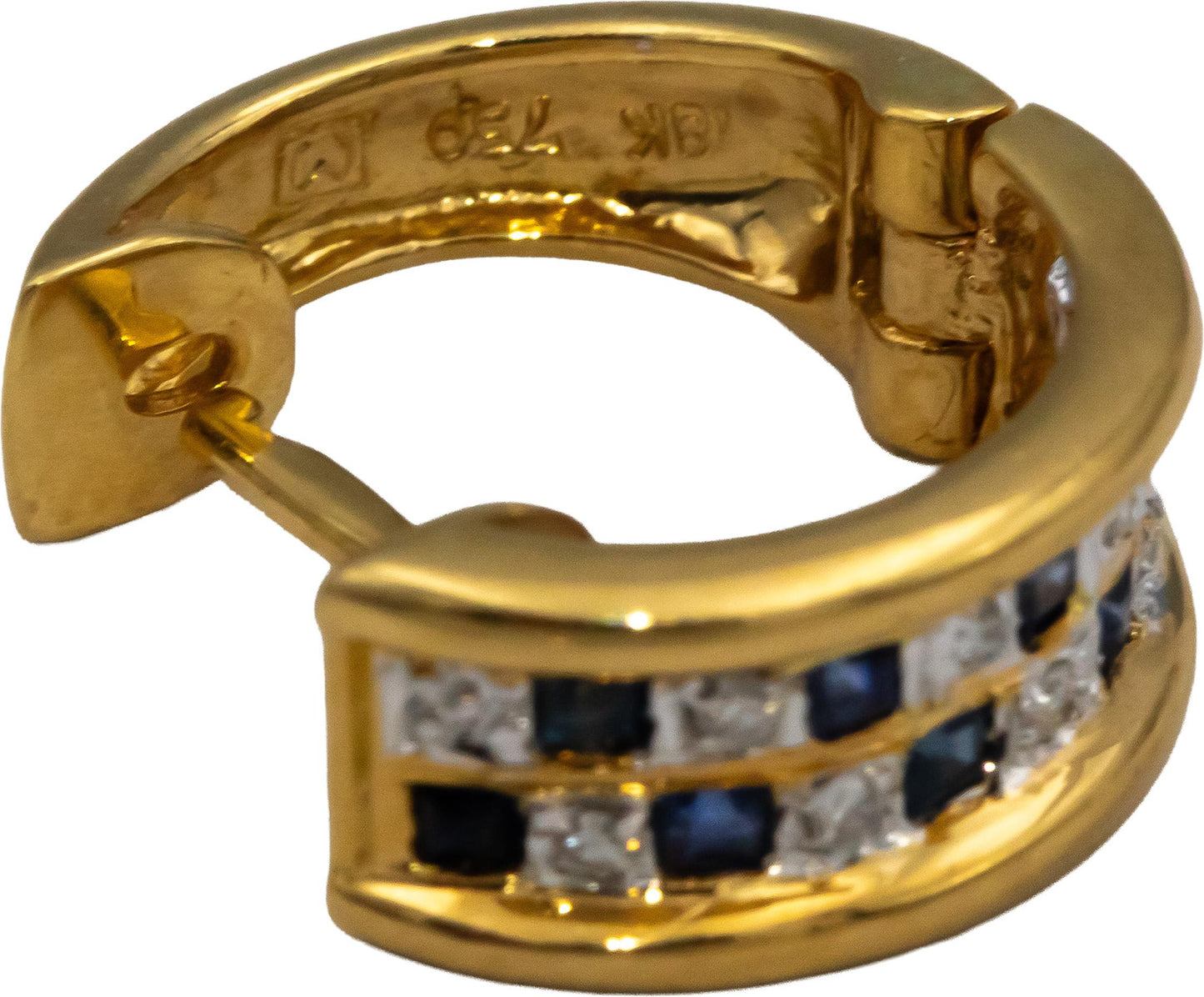 14k Yellow and White Gold Blue Sapphire and Diamond Hoop Huggie Earrings .35CTW