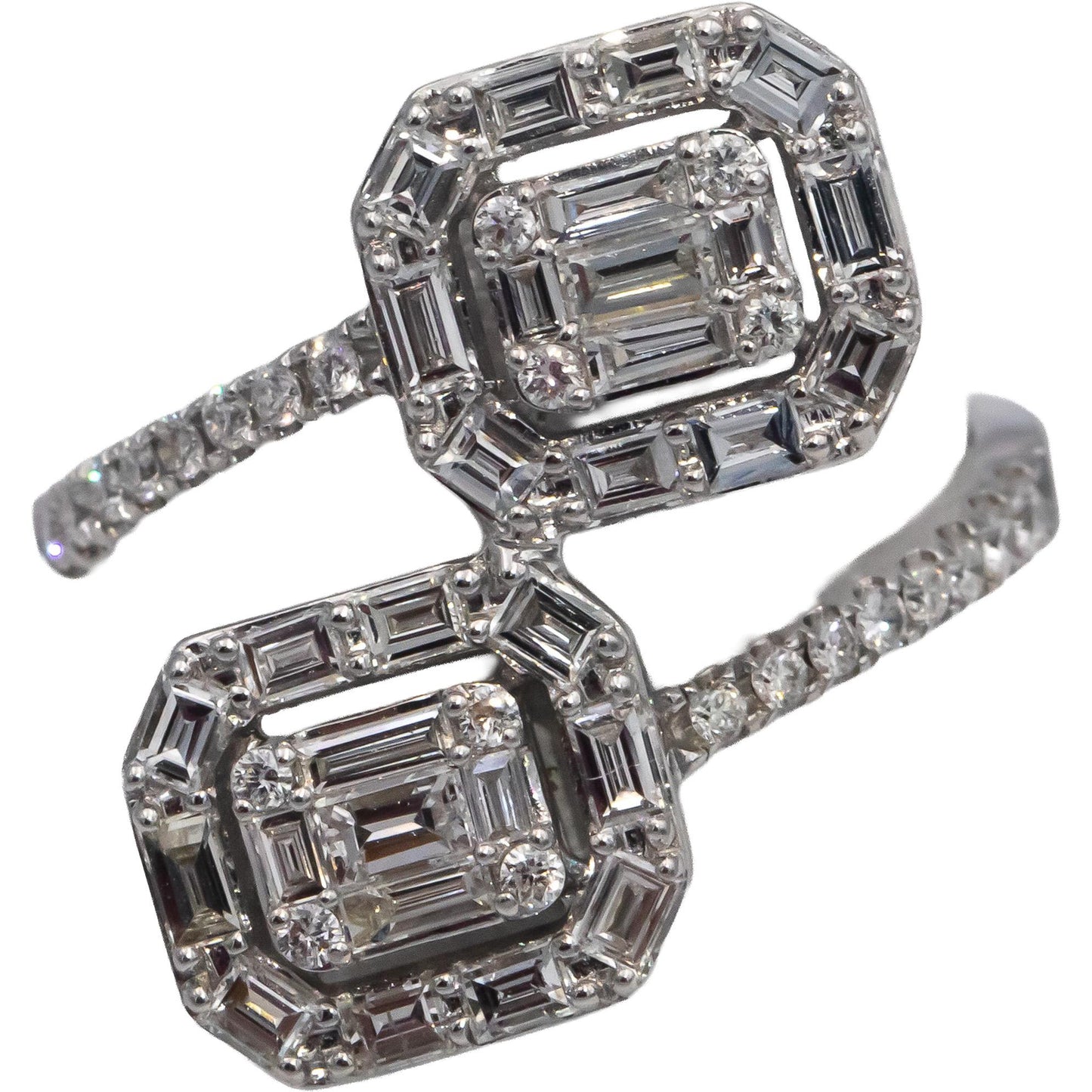 18k White Gold VS Round & Emerald Cut Diamond Bypass Ring 1.25CT Size 6.5