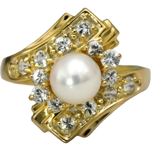 14k Yellow Gold VS Diamond and 6.9mm Pearl Cocktail Ring 0.50CT Size 6.75