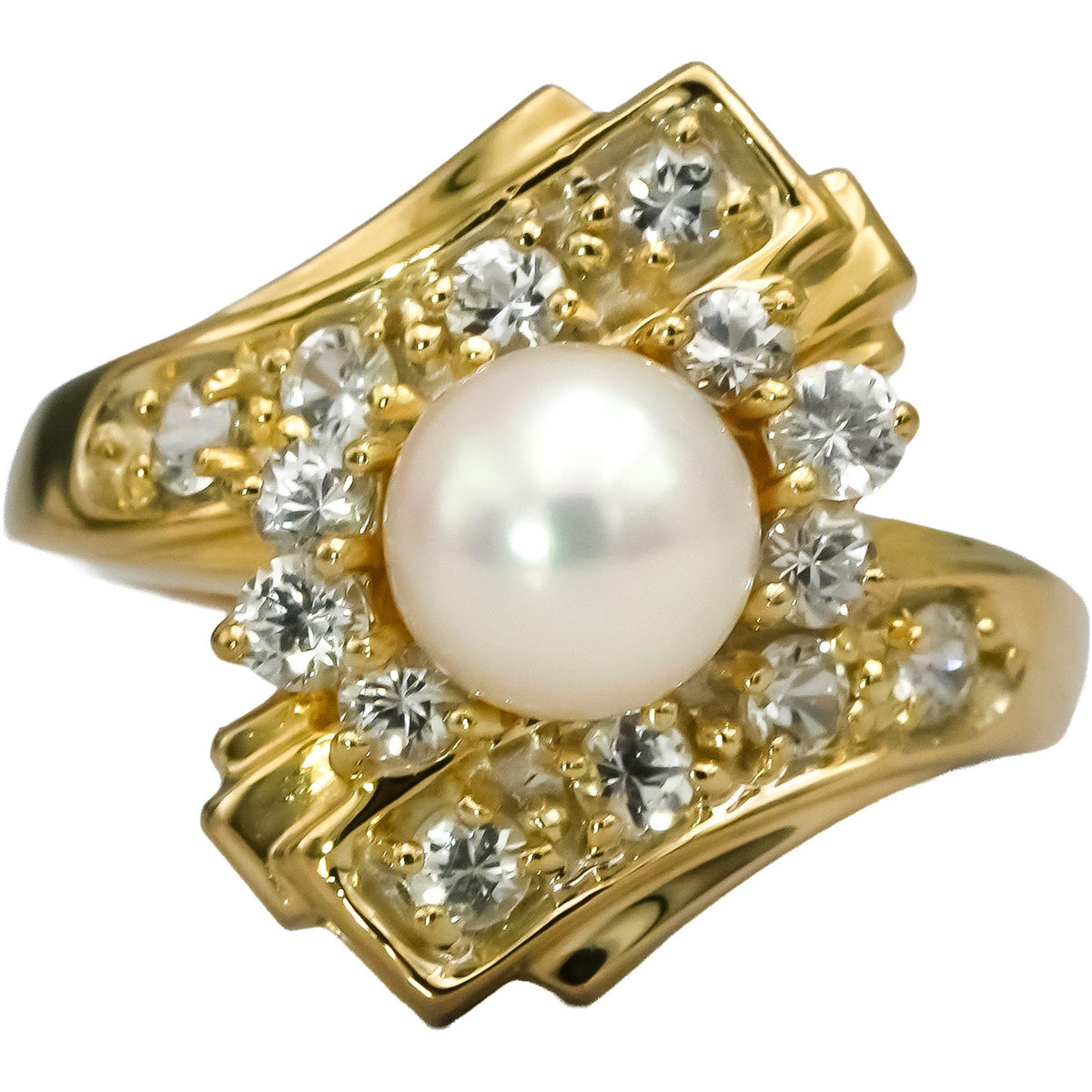 14k Yellow Gold VS Diamond and 6.9mm Pearl Cocktail Ring 0.50CT Size 6.75
