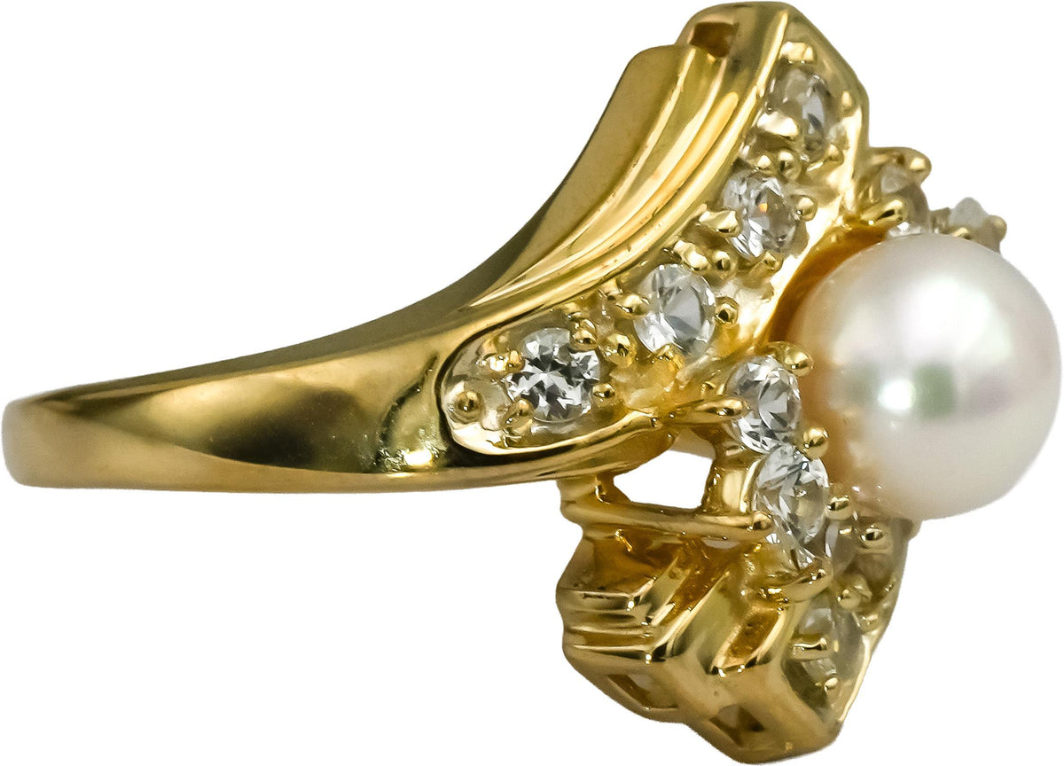 14k Yellow Gold VS Diamond and 6.9mm Pearl Cocktail Ring 0.50CT Size 6.75