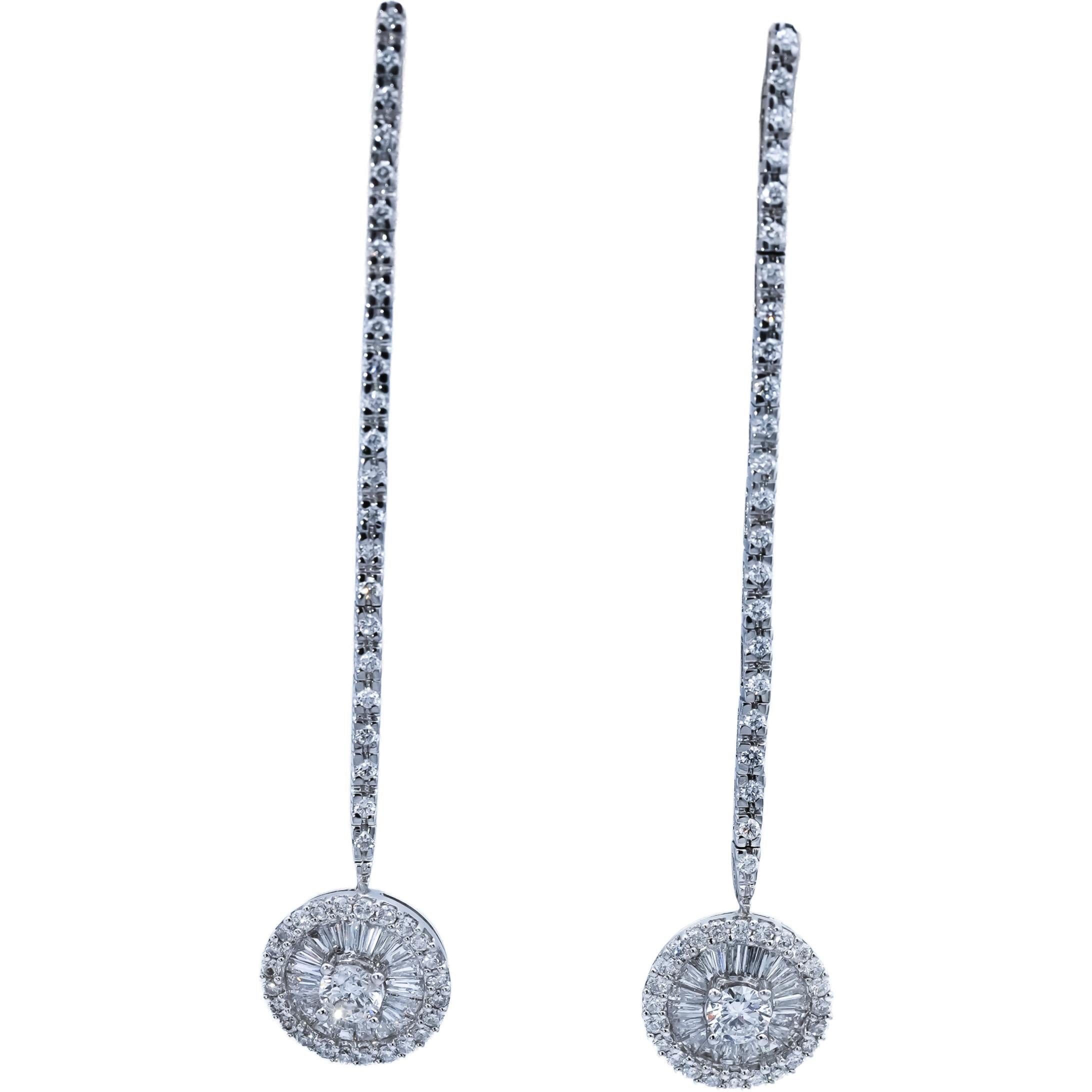18k White Gold VS Round and Baguette Cut Diamond Drop Dangle Earrings 2.0CT
