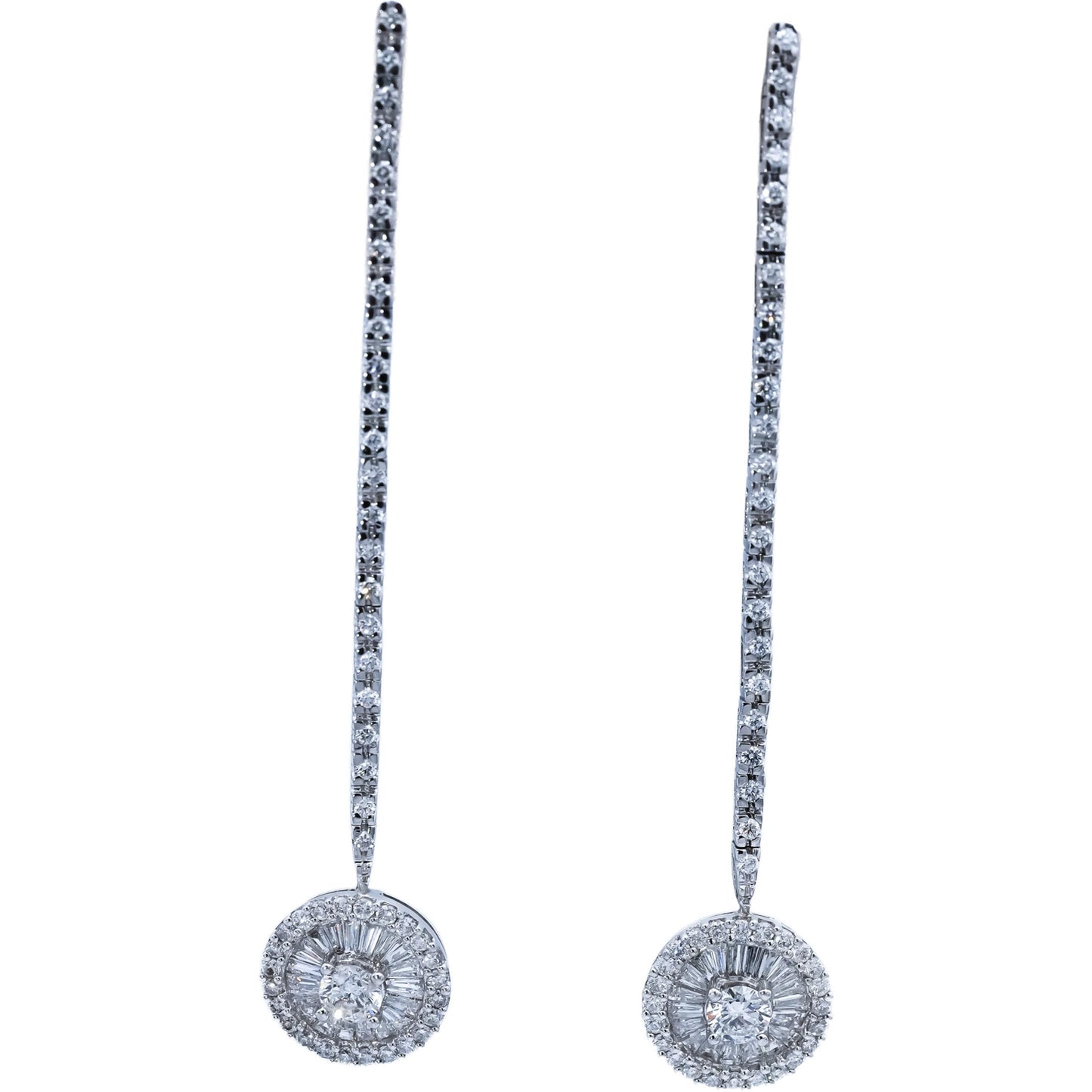 18k White Gold VS Round and Baguette Cut Diamond Drop Dangle Earrings 2.0CT