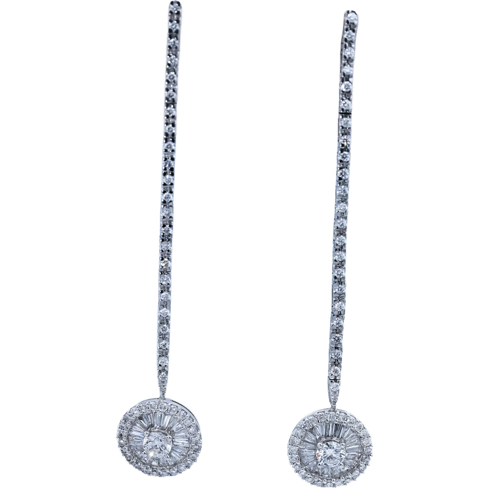 18k White Gold VS Round and Baguette Cut Diamond Drop Dangle Earrings 2.0CT