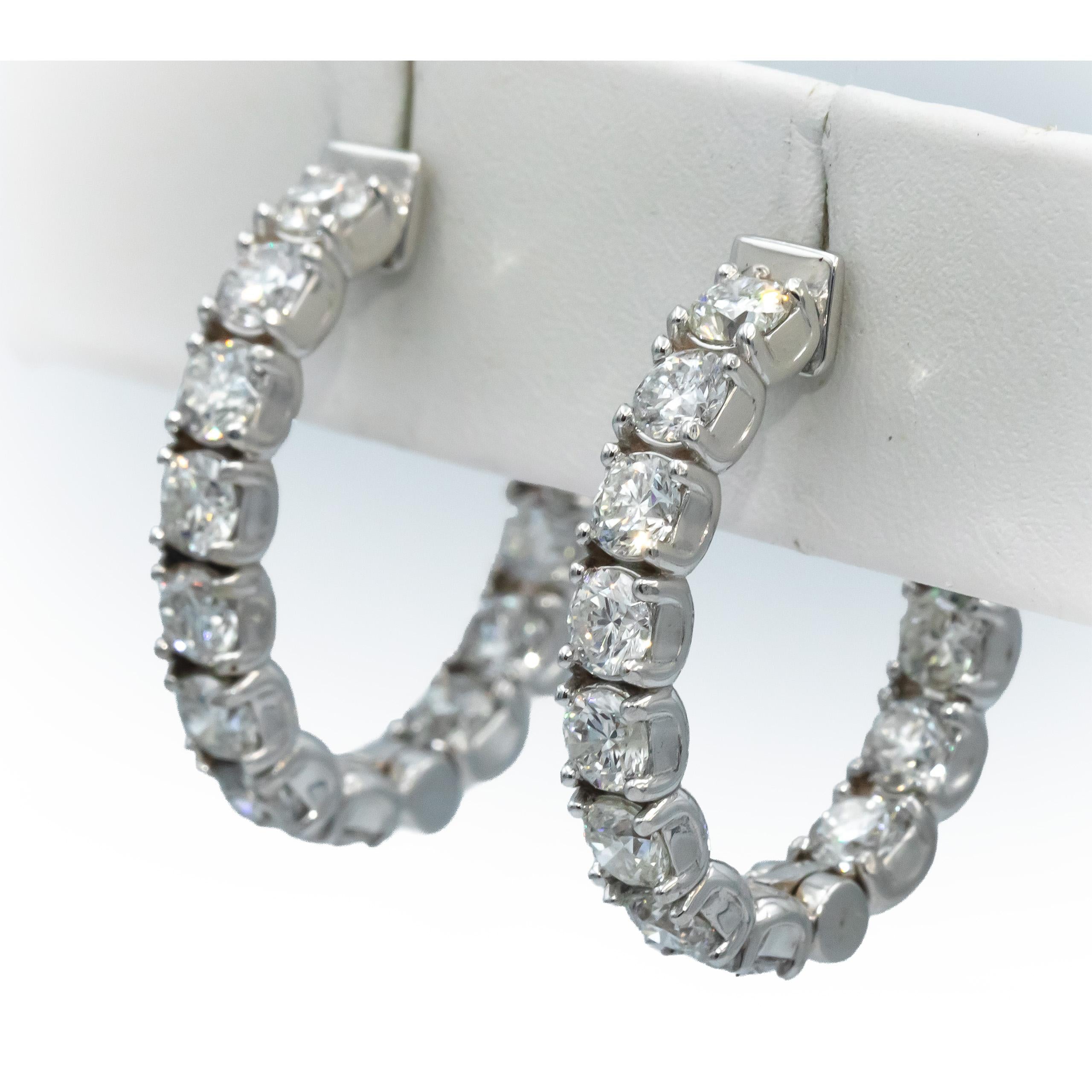 14k White Gold Round Diamond Inside Out Oval Hoop Earrings 7.42CT