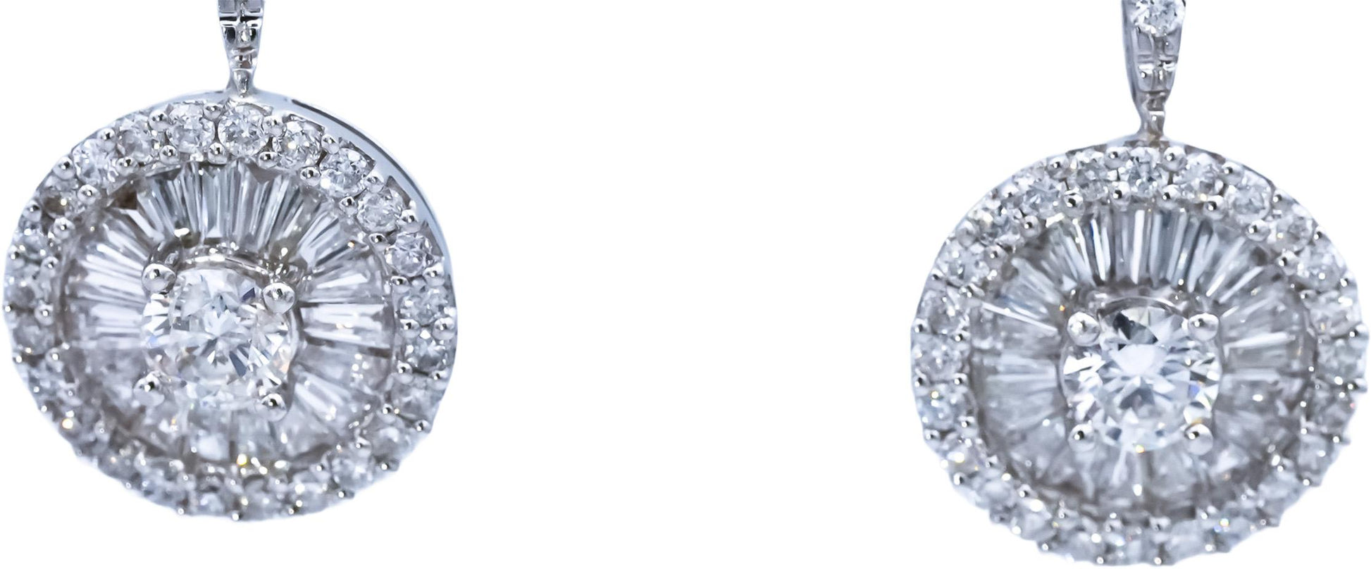 18k White Gold VS Round and Baguette Cut Diamond Drop Dangle Earrings 2.0CT