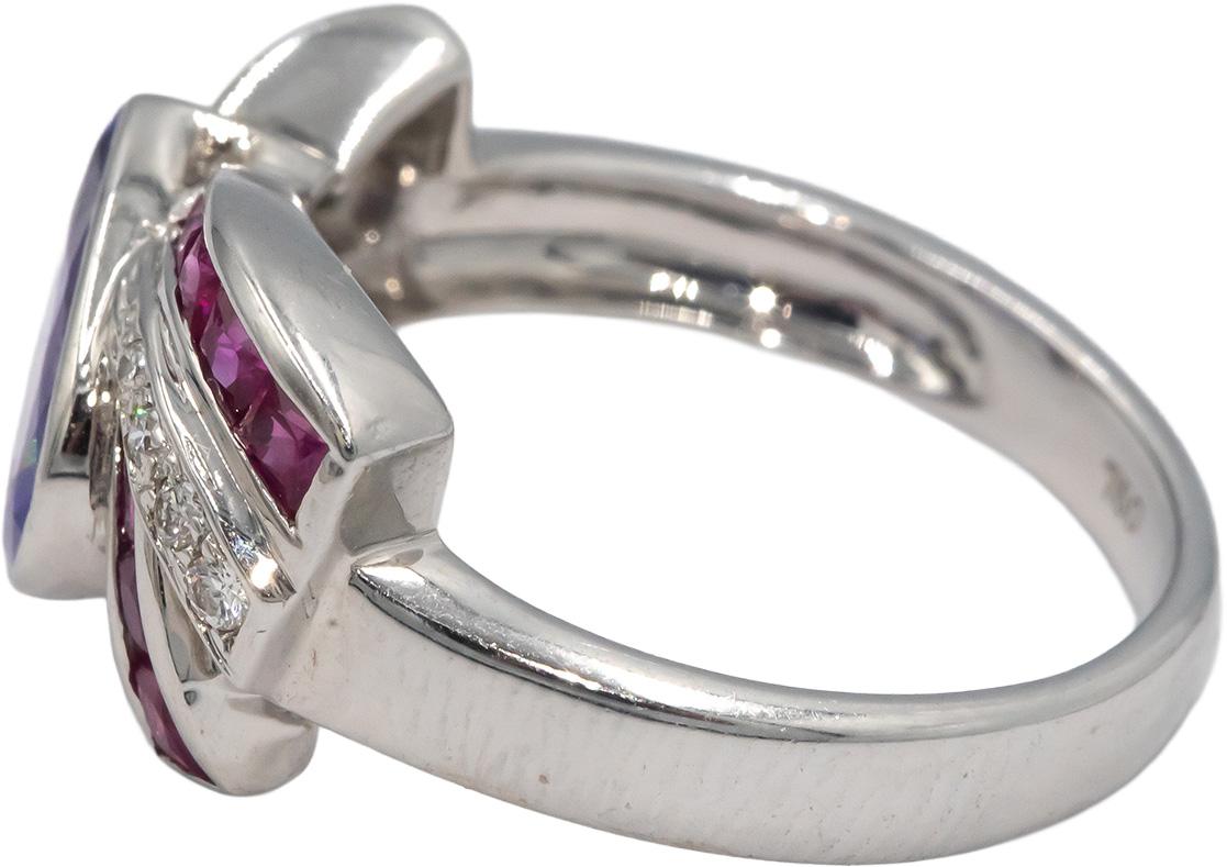 18k White Gold 1.40CT Diamond Tanzanite Ruby Ribbon Ring size 6.75