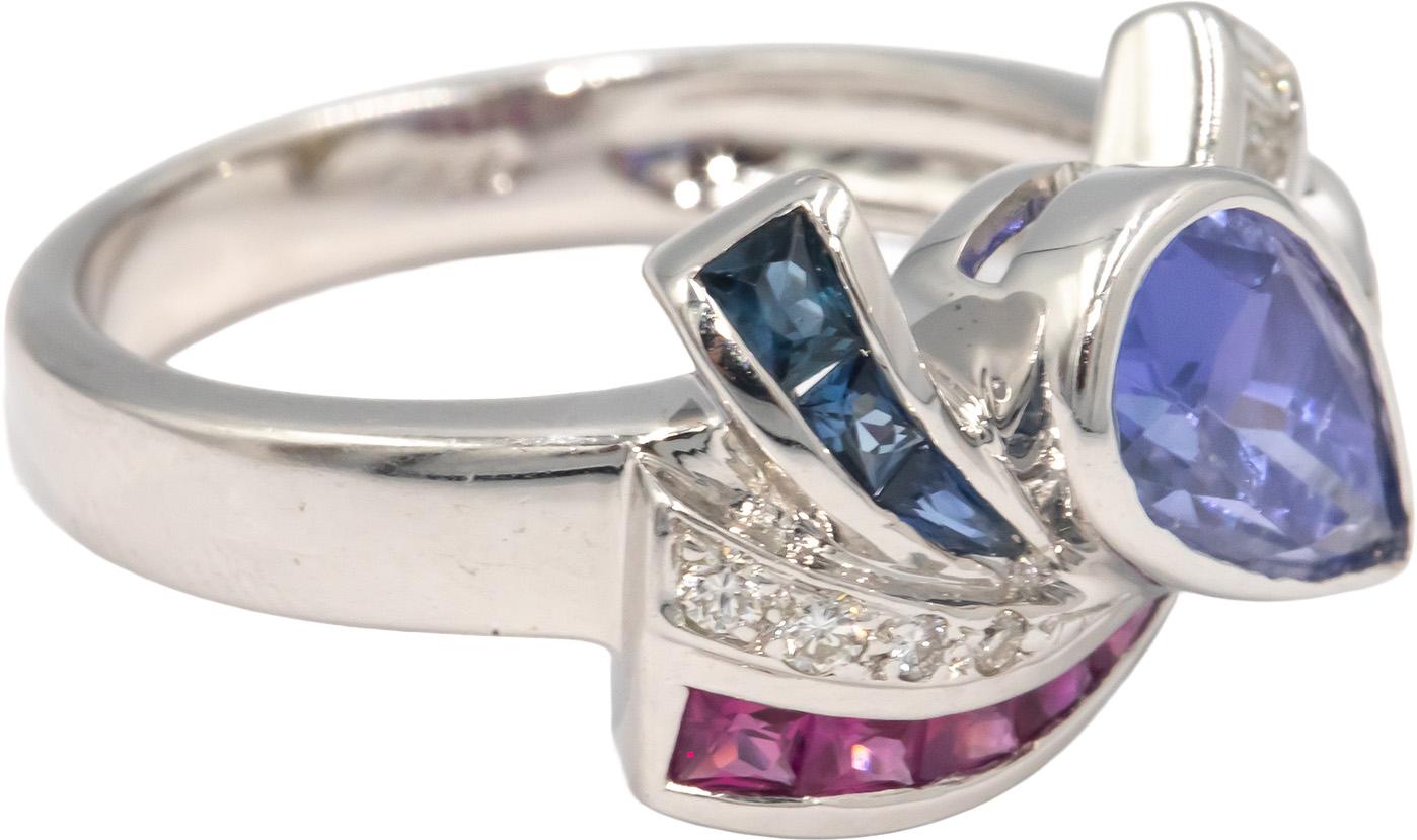 18k White Gold 1.40CT Diamond Tanzanite Sapphire Ruby Ribbon Ring Size 7