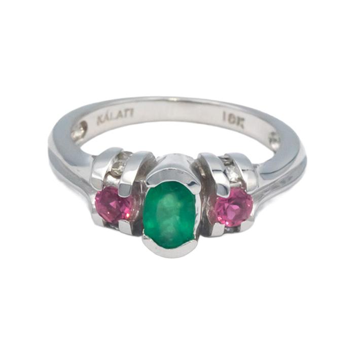 KALATI Designer 18k White Gold 0.73CT Diamond Emerald Tourmaline Ring Size 6
