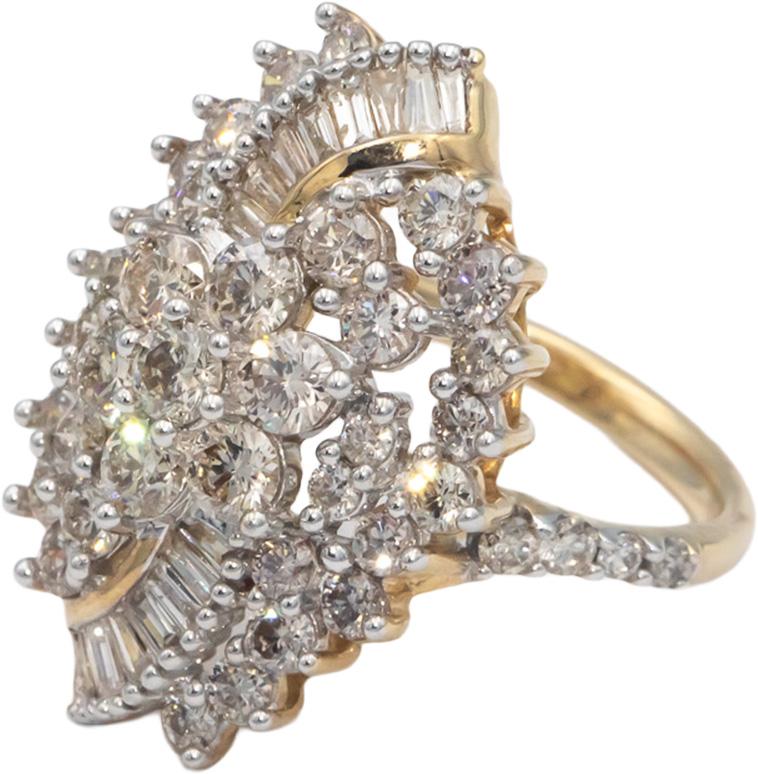 10k Gold 3.0CT Round and Baguette Cut Diamond Cluster Cocktail Ring Size 7