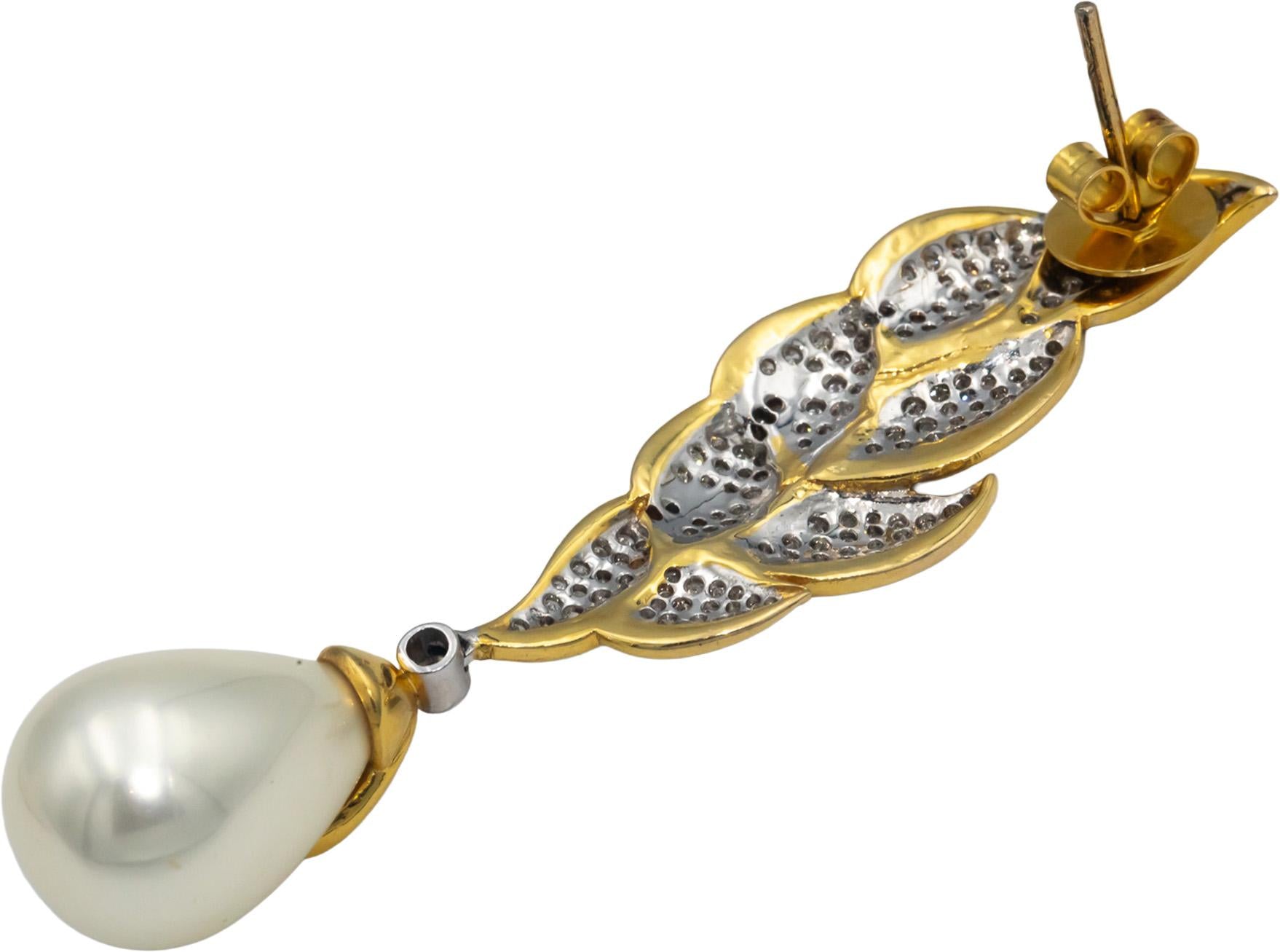 14k Yellow & White Gold Diamond and 13mm Pearl Drop Dangle Floral Earrings 1.0CT