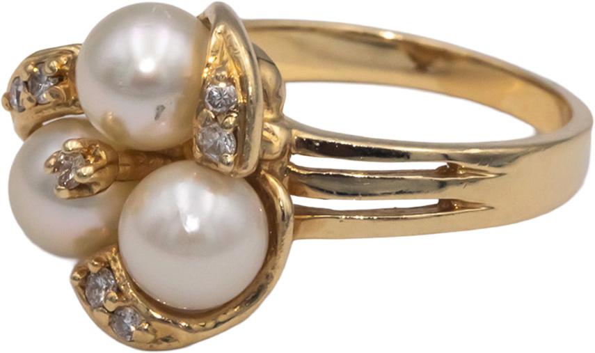 14k Yellow Gold Round Diamond and Pearl Cocktail Ring 0.08CT Size 6