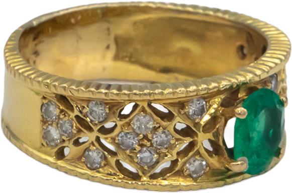 18k Yellow Gold VS Round Diamond & Oval Emerald Band Ring 0.80CT Size 8.75