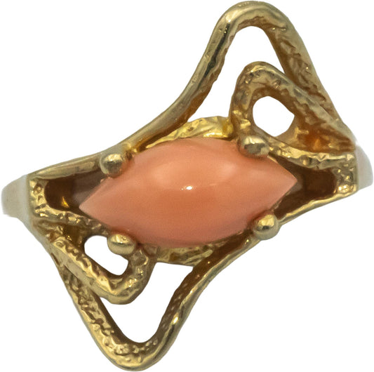 14k Yellow Gold Cabochon Pink Coral Solitaire Ring Size 5.75