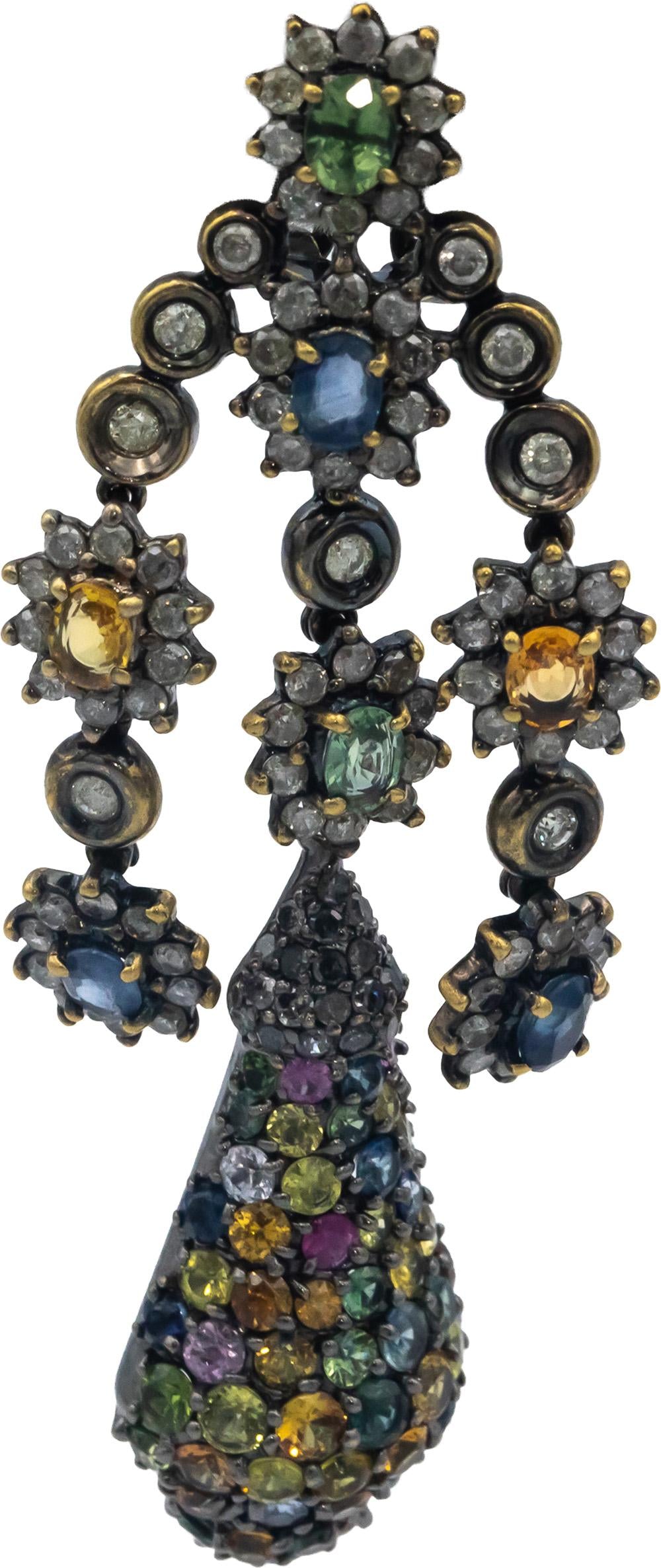 18k White Yellow Gold Diamond and Rainbow Sapphire Day Night Earrings 11.0CT