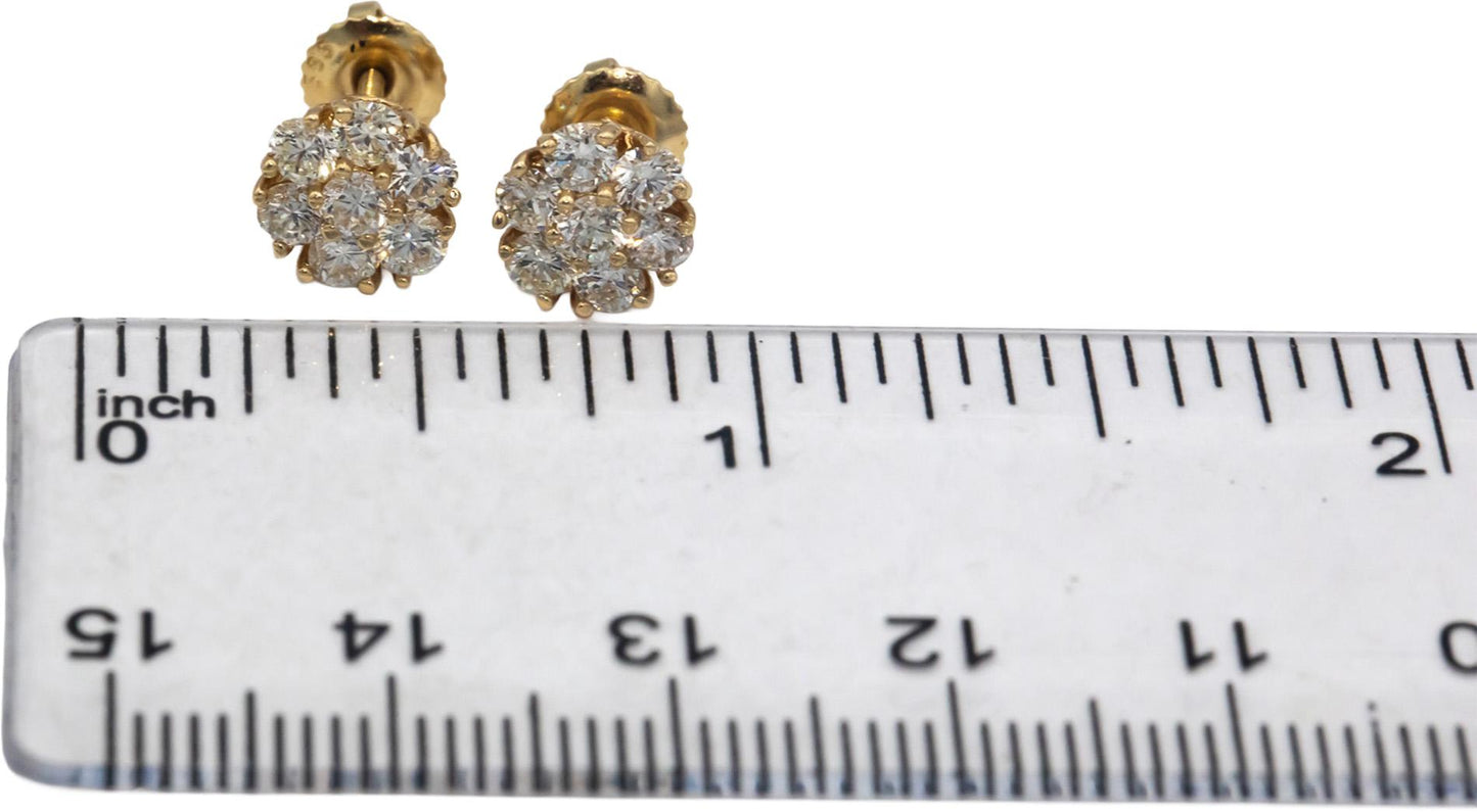 14k Yellow Gold 1.23CT Round Cut Diamond Cluster Stud Screw Back Earrings