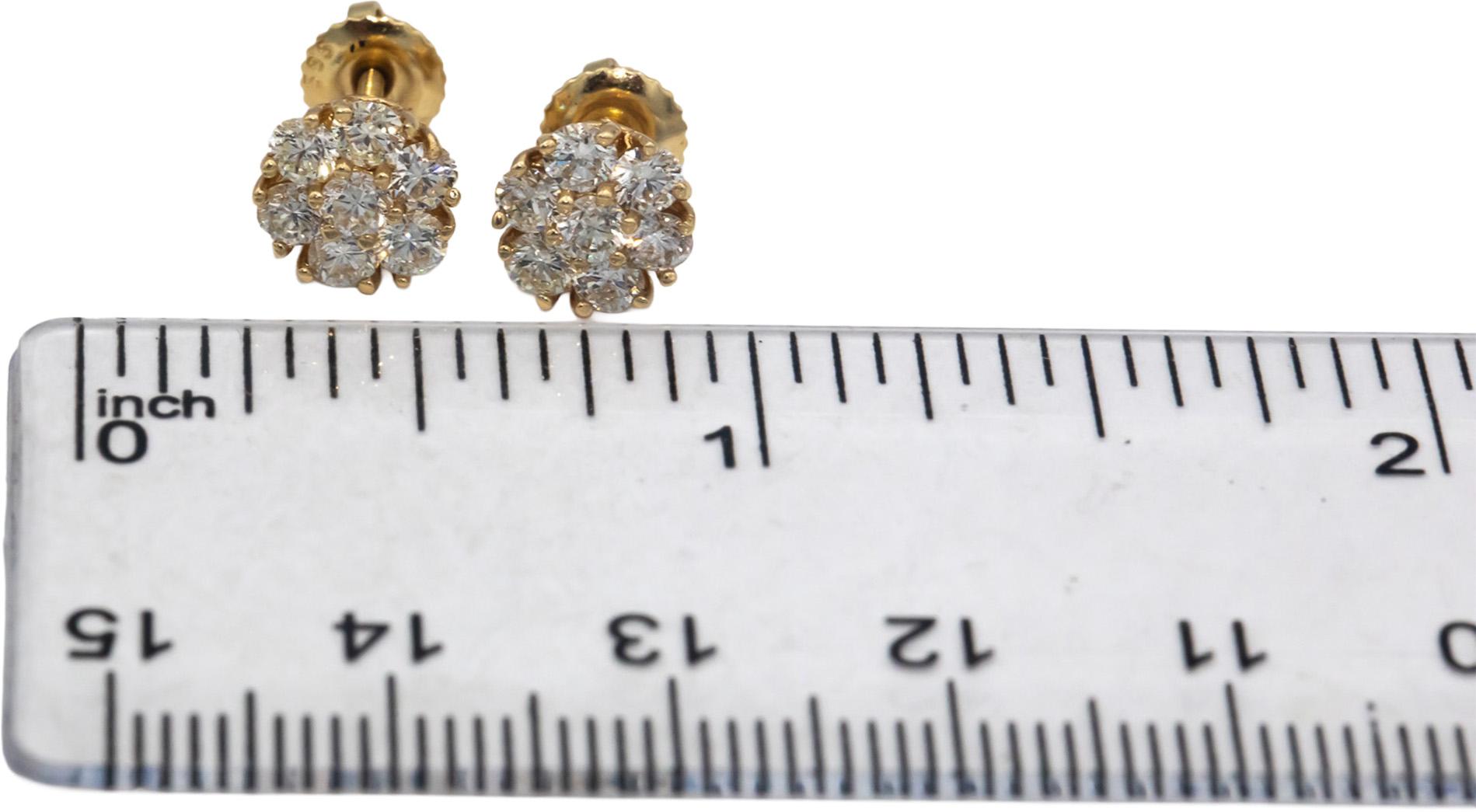 14k Yellow Gold 1.23CT Round Cut Diamond Cluster Stud Screw Back Earrings