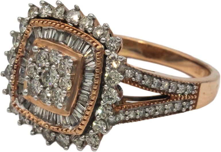 10k Rose Gold Round & Baguette Cut Diamond Cluster Ring 1.0CT Size 7