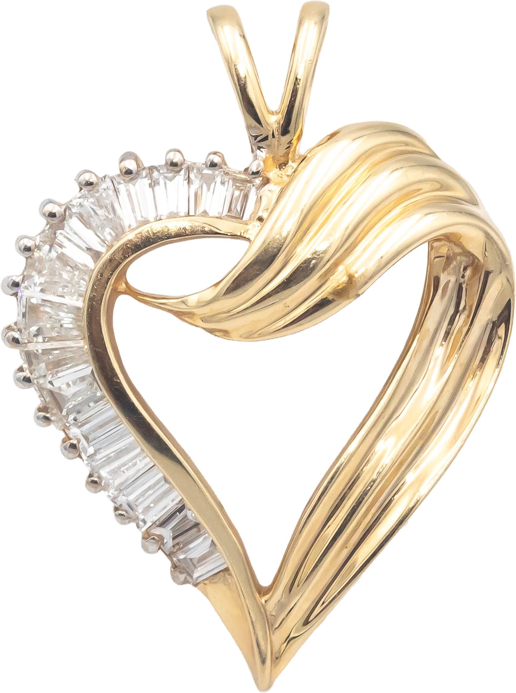 14k Yellow Gold VS Baguette Cut Diamond Heart Pendant 0.75CT
