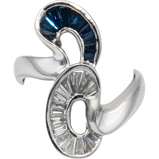 18k White Gold 1.50CT Diamond and Blue Sapphire Abstract Swirl Ring Size 7.25