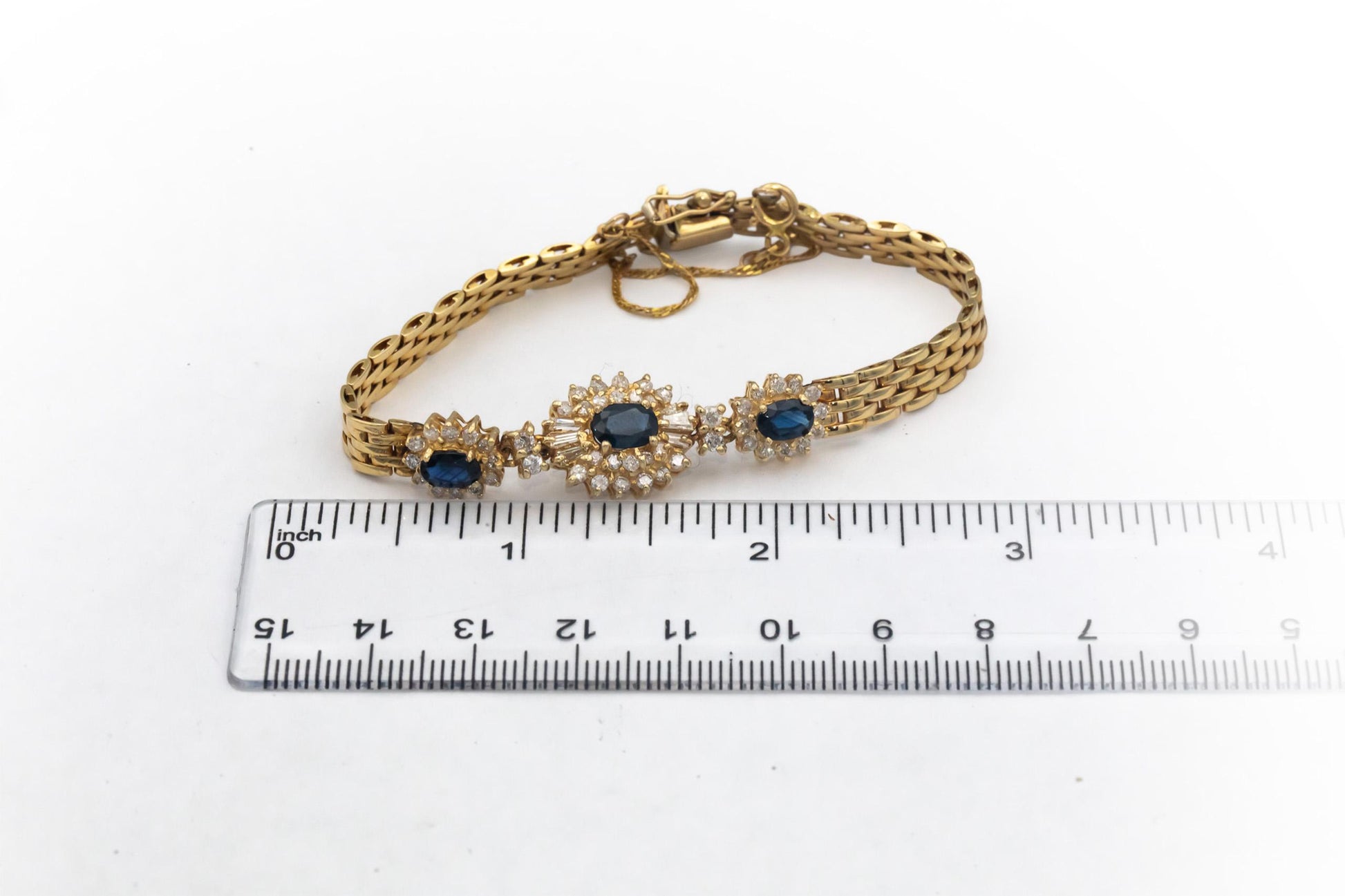 14k Yellow Gold Round Diamond and Oval Sapphire Fancy Link Bracelet 3.0CT