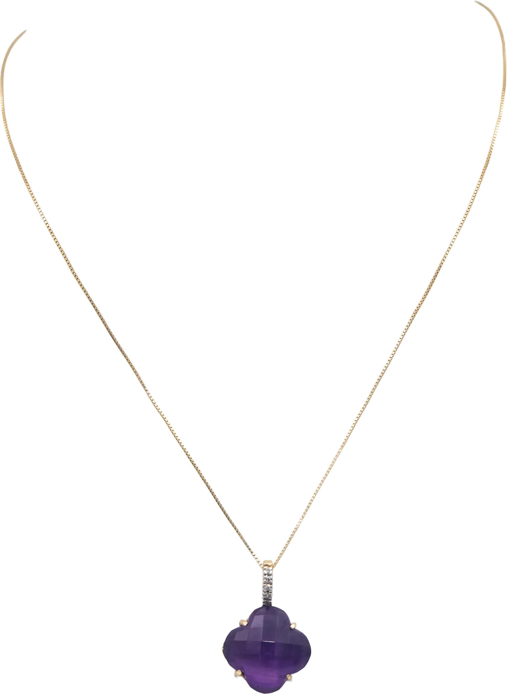 14k Yellow Gold 6.03CT Amethyst Pendant Necklace w/ Diamond Accents